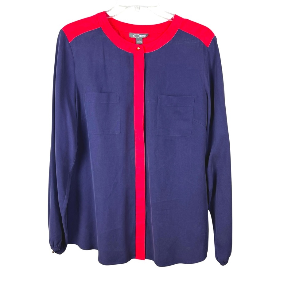 GoSilk Navy Blue Long‎ Sleeve 100% Silk Blouse Red Trim Women's Sz Large